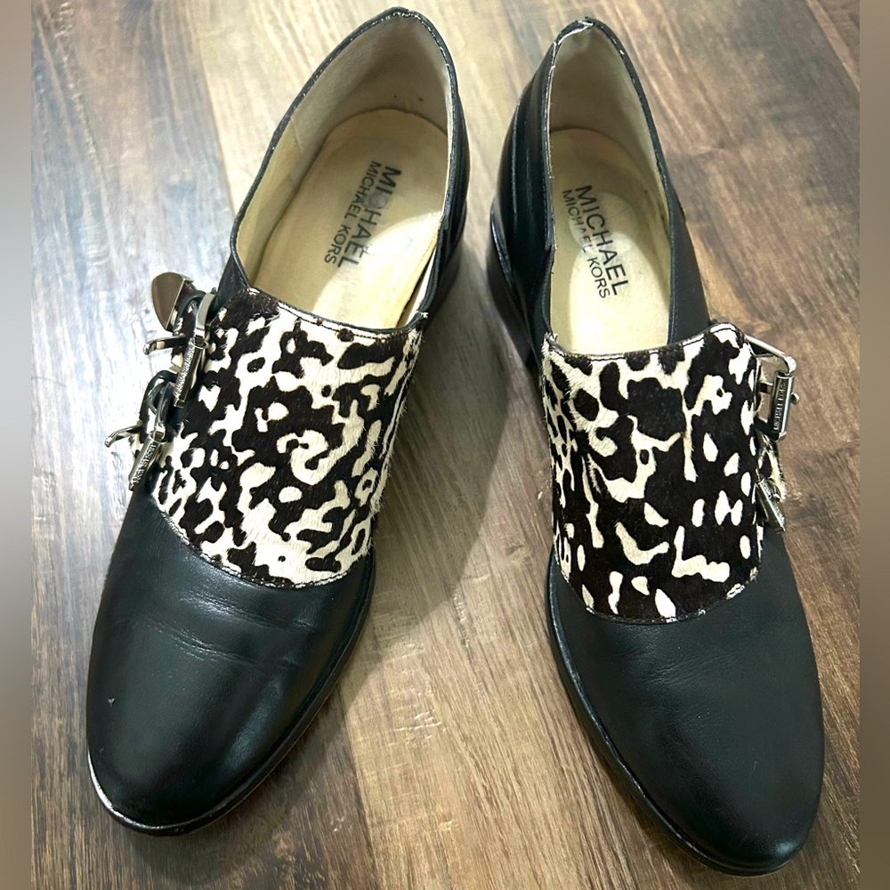 Michael Kors Saylor Dyed Cow Hair Calf Shoes Women's 8 Black Leather Loafers